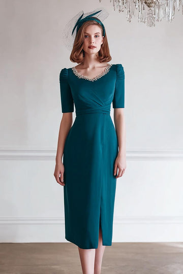 Peacock Blue Sheath Midi Mother Of The Bride Dress With Slit